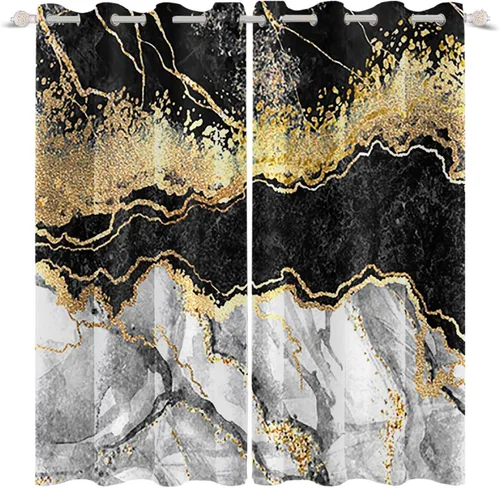 Miniatura 4 de Cortinas opacas de mármol negro y gris para hombre joven, estilo gótico, decoración de sala de estar, cortinas abstractas de rayas doradas, juego