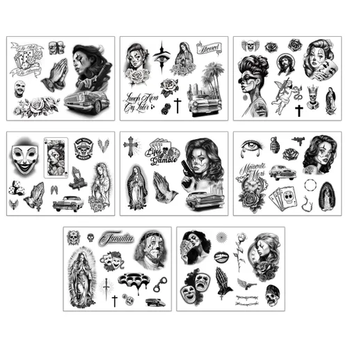 Miniatura 3 de Los Vatos Chicano Bundle - Tatuajes temporales Cholo y Chola para hombres y mujeres, Payasa, Lowrider, Virgen María, Oración, Cruz, Chicana