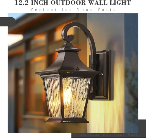 Miniatura 3 de Emliviar Lámpara de Pared de 12.2 Pulgadas con Vidrio de Ondas de Agua, 1 Luz de Patio Exterior para Casa, Aluminio Fundido a Presión en Acabado