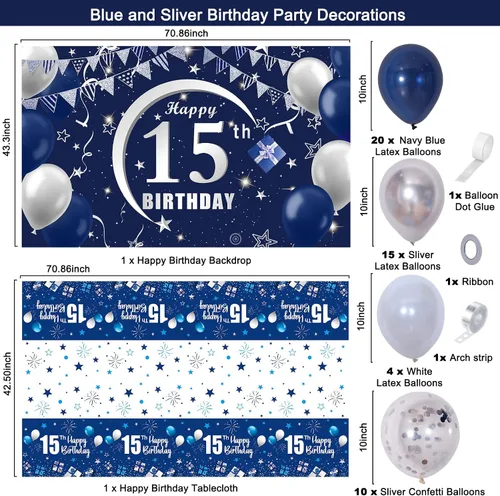 Miniatura 4 de Decoraciones de cumpleaños número 15 para niños y niñas, decoraciones de cumpleaños azul marino para niños y niñas, incluyendo decoraciones de feliz