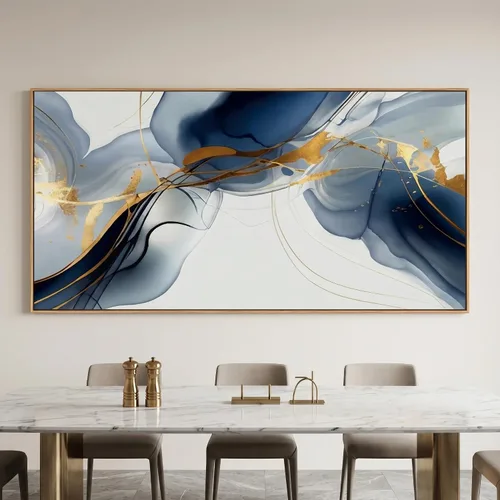Miniatura 5 de HUADAOART Arte para pared, pintura abstracta, arte moderno, fondo dorado y azul, impresiones en lienzo para sala de estar, dormitorio, obras de arte