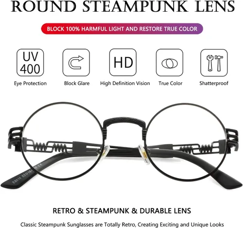 Miniatura 3 de AIEYEZO Gafas de sol redondas steampunk Circle Lennon Hippie, marco de metal, lente de bloqueo UV 100%