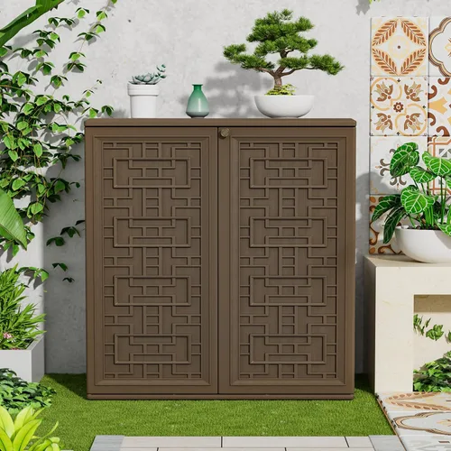 Miniatura 6 de HOMSPARK Armario de almacenamiento para interiores y exteriores con puertas y estante, caja de almacenamiento de plástico HDPE de 34 x 16 x 36 Marrón