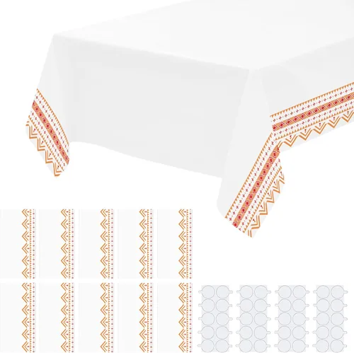 Miniatura 11 de Paquete de 2 manteles de plástico blanco, 108 x 54 pulgadas, manteles rectangulares desechables bohemios para bodas, pícnics y fiestas