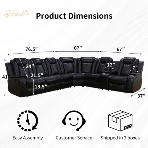 Miniatura 2 de Juegos de muebles de sala de Toseslo, juego de sofá reclinable eléctrico, seccional de 2 reclinables de cuero negro con luz LED, juegos modernos