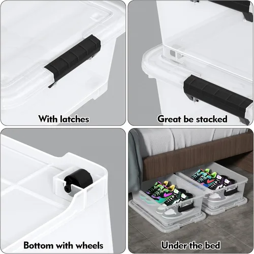 Miniatura 3 de Paquete de 4 cubos de almacenamiento de plástico transparente debajo de la cama, contenedor de almacenamiento debajo de la cama con ruedas