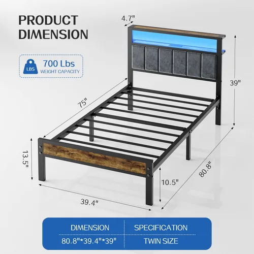 Miniatura 2 de Liians Base de cama de plataforma de tamaño individual con luces LED, cabecera tapizada gris con estantes de almacenamiento de 2 niveles, estación
