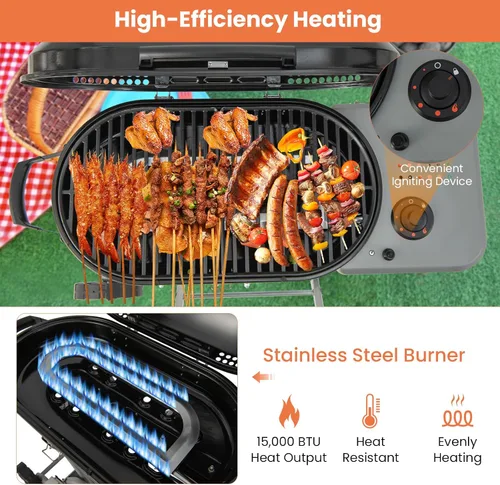 Miniatura 2 de Giantex Parrilla de gas propano portátil con quemador de 15,000 BTUs, mesa auxiliar, 2 ruedas, bandeja de grasa, marco de metal, parrilla de gas
