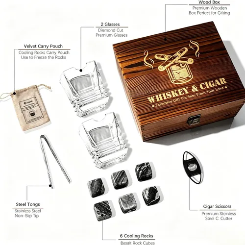 Miniatura 4 de Juego de vasos de cigarro de whisky, piedras de whisky, vasos de whisky antiguos con soporte para puros, regalo de lujo para hombres, marido