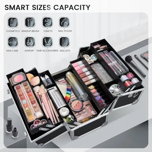 Miniatura 8 de FRENESSA Estuche de maquillaje de 12.6 pulgadas, organizador de cosméticos grande, almacenamiento de viaje, estuche de transporte profesional
