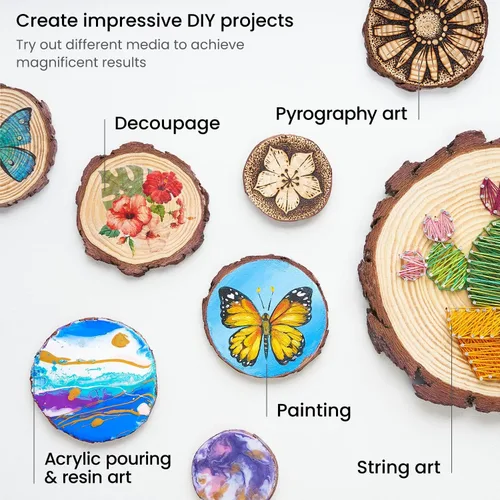 Miniatura 4 de ARTEZA Rebanadas de madera natural, 3.5-4 pulgadas de diámetro, juego de 25, discos de madera de pino redondo marrón con corteza para manualidades