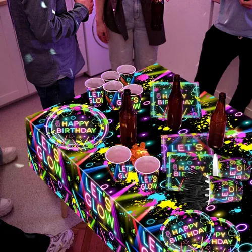 Miniatura 5 de Suministros para Fiestas de Neón, 142 Piezas Let Glow Decoraciones de Fiesta Incluyendo Platos de Papel Desechables, Tazas, Manteles, Decoración