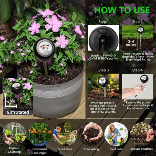 Miniatura 6 de Probador de suelo 4 en 1, medidor de humedad de plantas sin batería con PH/humedad/prueba de luz/fertilizante, medidor de pH del suelo para jardín