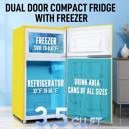Miniatura 2 de WANAI Mini refrigerador de 2 puertas y 2 manijas con congelador en la parte superior, espacioso refrigerador pequeño de 3.5 pies cúbicos con Amarillo