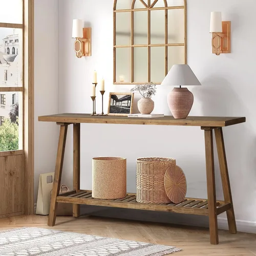 HOKYHOKY Mesa Consola de Madera Maciza Recuperada, 59" de Largo Mesas de Entrada Estilo Granja, Mesa Rectangular de Sofá Detrás del Sofá, Mesas de