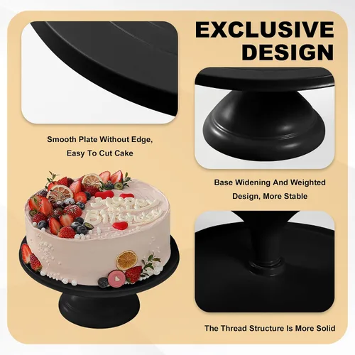 Miniatura 6 de ECOWAY Soporte de fibra de bambú para tartas de 12 pulgadas con espátula para pasteles, soporte redondo negro para cupcakes, soporte grande
