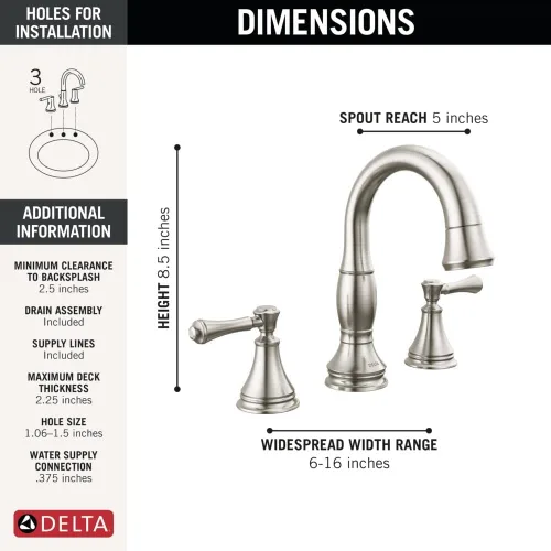 Miniatura 3 de Delta Faucet Cassidy - Grifo de baño extraíble, grifo de baño de instalación extendida de níquel cepillado de 3 orificios, grifo de lavabo de baño