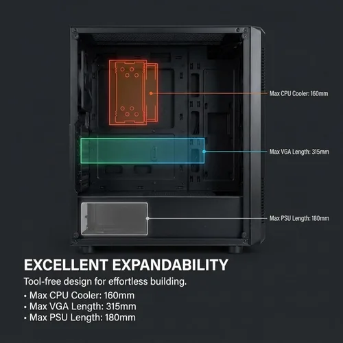 Miniatura 6 de Zalman Funda para PC de escritorio ATX de media torre S4, 2 ventiladores silenciosos de 4.724 in preinstalados, panel lateral teñido completo, GPU