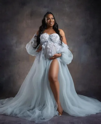 Miniatura 4 de Vestidos de maternidad de manga larga con hombros descubiertos para sesión de fotos de tul con apliques de encaje, vestido de embarazo, vestido