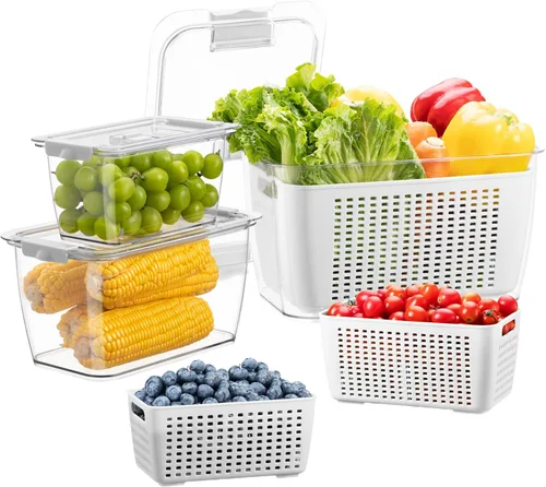 LUXEAR Recipiente fresco, paquete de 3 recipientes para guardar productos, sin BPA, organizador de refrigerador para verduras, frutas y ensaladas,