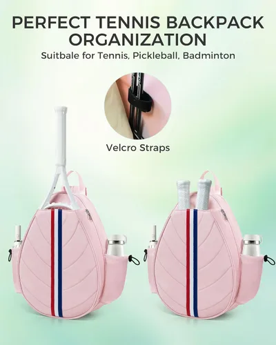 Miniatura 6 de Bolsa de tenis, mochila de tenis resistente al agua para mujeres y hombres, diseño de bandolera acolchada para tenis, pickleball, raquetas de Rosa
