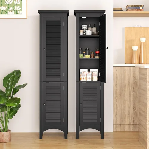 Miniatura 8 de Tangkula Armario de almacenamiento de baño de 63 pulgadas de alto, torre de lino estrecha independiente con estante ajustable, gabinete moderno