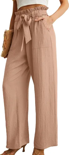 Miniatura 2 de IWOLLENCE - Pantalones de pierna ancha para mujer con bolsillos, cintura alta, nudo ajustable, holgados, casuales, para trabajo y negocios
