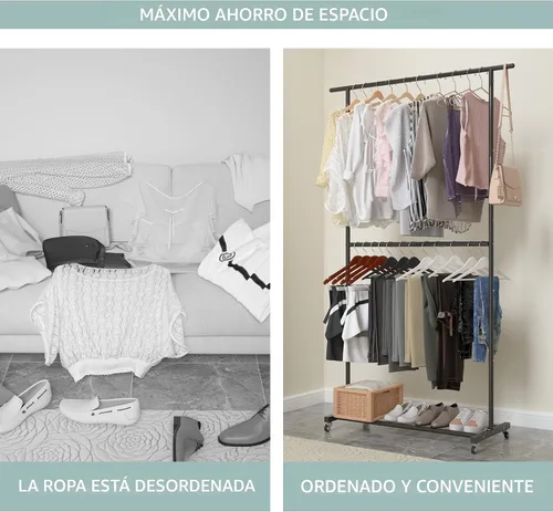 Miniatura 8 de Sywhitta Perchero de Ropa de Doble Barra Rodante, Organizador de Ropa con Ruedas para Colgar Ropa, Fácil de Ensamblar, Ajustable, Negro
