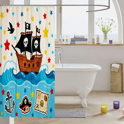 Miniatura 3 de Cortina de ducha de barco pirata de dibujos animados, 72 pulgadas de ancho x 72 pulgadas de largo, bonito sombrero pirata, bandera de calavera