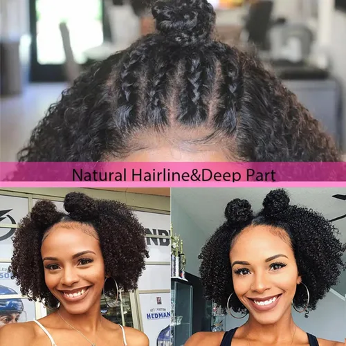 Miniatura 2 de Skouty Peluca de cabello humano Kinkycurly de 13 x 4 con encaje frontal, pelucas de cabello humano de densidad 180 sin pegamento, pelucas