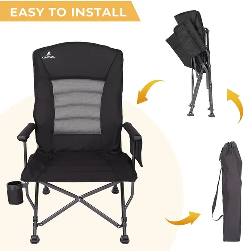 Miniatura 5 de Sillas de campamento para adultos, respaldo ajustable, silla de campamento plegable de gran tamaño, soporta 350 libras para exteriores con Negro