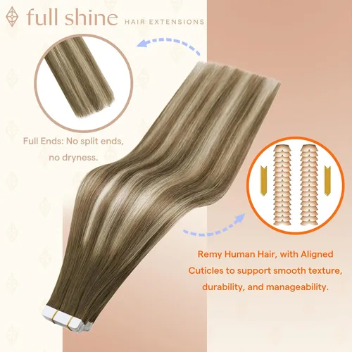Miniatura 2 de Fshine Extensiones de cabello Remy con cinta invisible de 12 pulgadas, color marrón oscuro 3 que se desvanece a rubio 6 y 22, extensiones de cabello