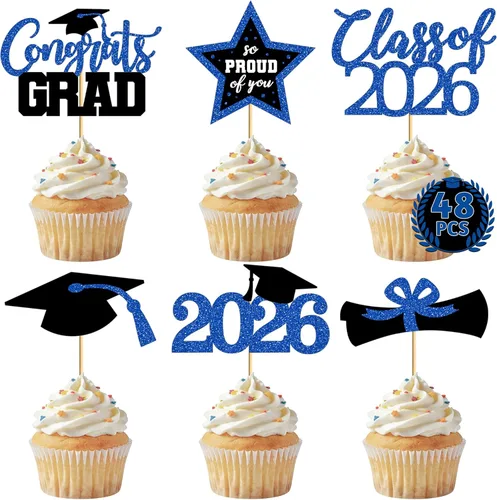 48 adornos para cupcakes graduados, 6 estilos de decoración para tartas de graduación, decoraciones de graduación de felicitaciones 2026, tapa negra