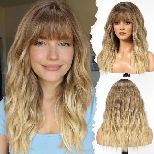 Miniatura 9 de HAIRCUBE Peluca larga con flequillo, pelucas sintéticas onduladas para mujer, color castaño rojizo