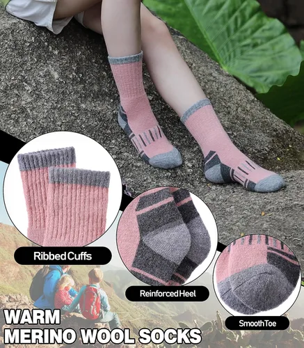 Miniatura 2 de LINEMIN Calcetines de senderismo de lana merino para niños y niñas, cálidos, gruesos, térmicos, acolchados, para invierno, 6 pares