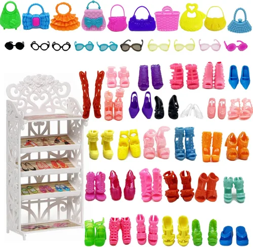 51 accesorios para muñecas + 1 zapatero 30 pares de zapatos de muñeca, 10 bolsos, 10 lentes de repuesto, accesorios de moda de diferentes colores,