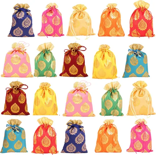 Miniatura 20 de Touchstone Preciosas bolsas de regalo reutilizables, respetuosas con el medio ambiente, brocado de cachemira con cordón grande para cumpleaños