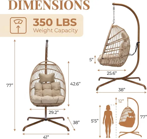 Miniatura 4 de RADIATA Silla de huevo para exteriores con soporte, 350 libras, silla colgante resistente con cojín acolchado, hamaca plegable de ratán resistente a