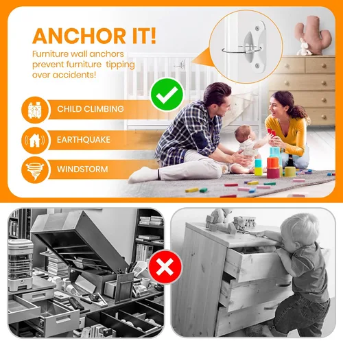 Miniatura 2 de Anclajes para muebles a prueba de bebés (paquete de 10) Anclajes de muebles anti punta que aseguran 400 libras, correas de anclaje de pared