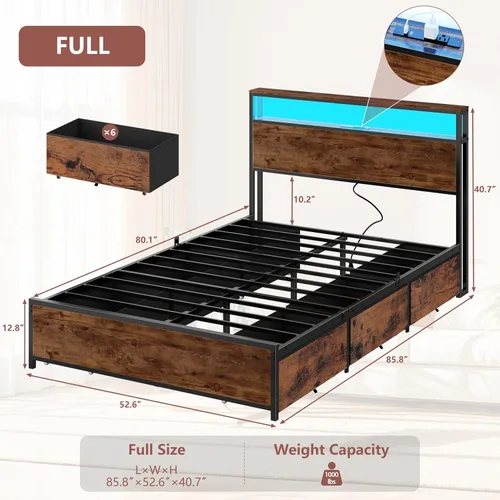Miniatura 2 de Forestell Base de cama de tamaño matrimonial con cabecera de almacenamiento y 6 cajones, marco de cama resistente con estación de carga, luces LED