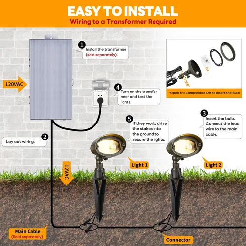 Miniatura 8 de Gardenreet Luz de inundación de latón macizo - Luz LED de paisaje de lavado de pared de bajo voltaje, para exteriores, 12 V, cableada, impermeable