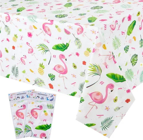 Miniatura 9 de WERNNSAI - Mantel de flamenco – 1 paquete de 108 x 54 pulgadas, mantel tropical Luau Decoraciones de fiesta de flamenco hawaiano rosa, mantel