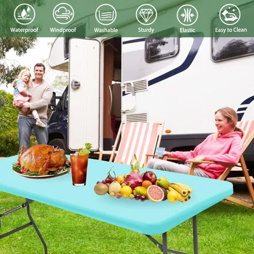 Miniatura 5 de Pack de 6 manteles de picnic elásticos ajustados para mesas rectangulares de 6 pies, impermeables, lavables, de spandex para patio, plegables