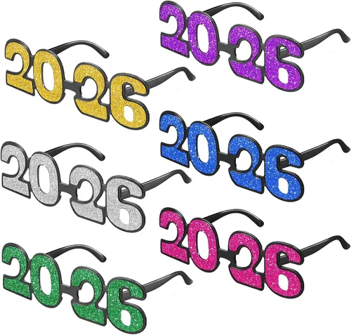 Miniatura 8 de Kanayu 6 pares de anteojos de Nochevieja con purpurina 2026, número 2026, lentes de sol para suministros de fiesta (colores coloridos)