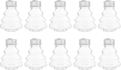 HOMSFOU 10 botellas de caramelo con forma de árbol de Navidad con tapas plateadas, recipientes rellenables para mascotas para golosinas navideñas,