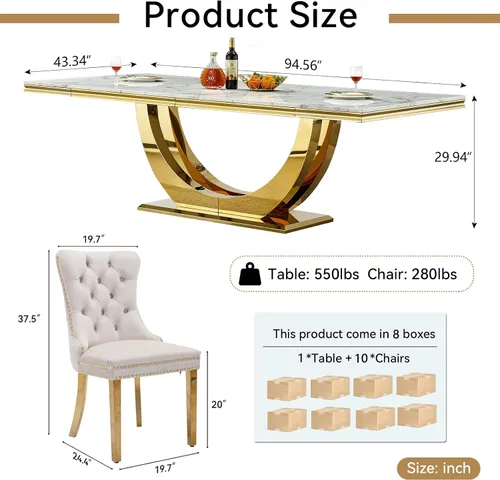 Miniatura 3 de Juego de mesa de comedor grande y moderna de mármol sintético blanco de 94.5 pulgadas, juego de mesa de comedor de 10 piezas con 10 sillas tapizadas
