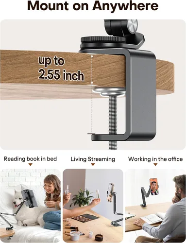 Miniatura 2 de OMOTON GH03 - Soporte para tablet con rotación de 360°, soporte de teléfono de brazo largo de aleación de aluminio GH03 con 2 abrazaderas de Negro