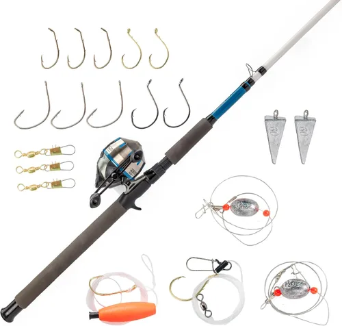 Zebco 606 Salt Fisher Spincast carrete y caña de pescar, caña telescópica de 2 piezas de 7 pies, carrete tamaño 60, kit de aparejos de garra de