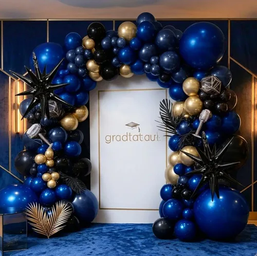 Navy Blue Black Gold Balloon Arch Kit - Double Stuffed Dark Royal Blue Matte Black Balloon Garland with Metallic Gold for 2026 Graduation Men's