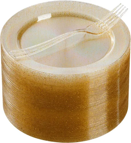 Goodluck 120 platos de plástico de postre con purpurina dorada de 7 pulgadas con tenedores de 7.4 pulgadas, platos dorados para aperitivos para 60